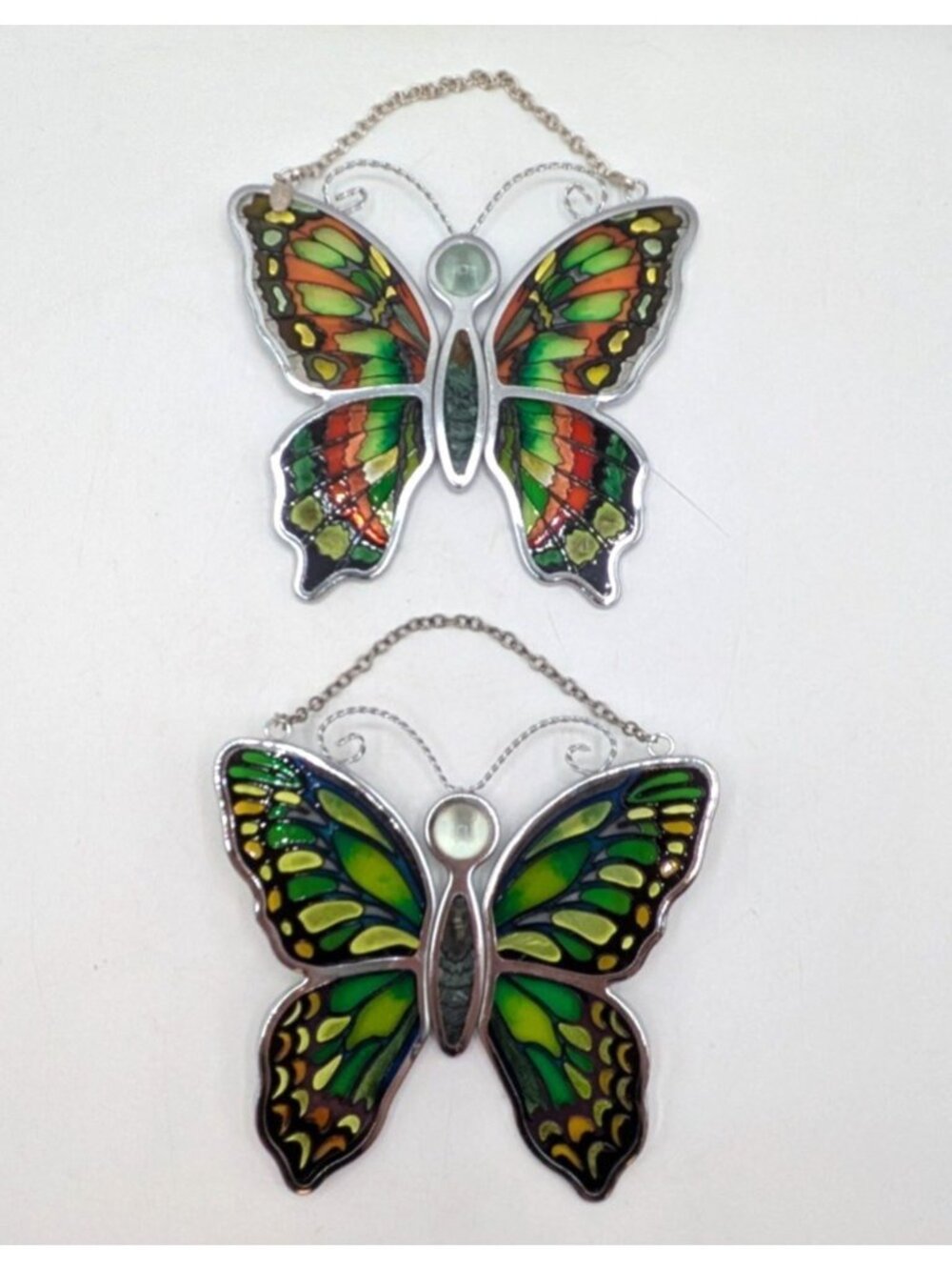 Amia Set of 2 Butterfly Suncatcher Hand Painted Stained Glass Multicolor 5"